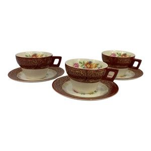 Set of 3 Vintage Cups and Saucers Ceramics Red with Gold Design Trim and Flowers